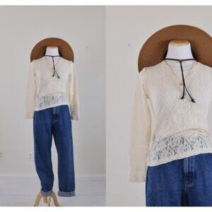 Vintage Beige‎ Nylon Lace Top | blouse size L